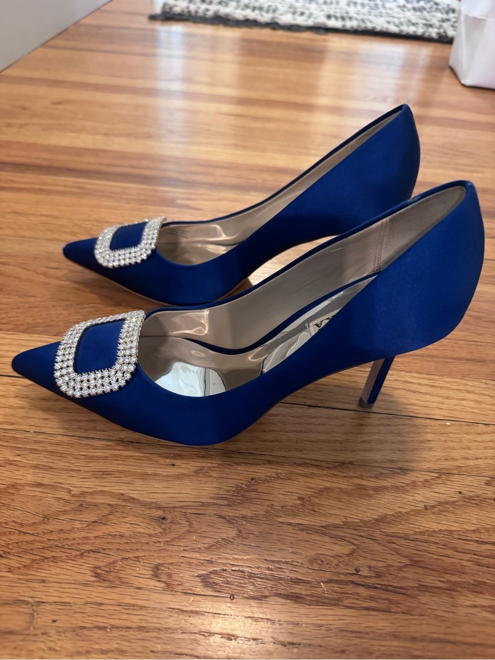 Badgley Mischka Sapphire Blue Satin Pointed-Toe Pumps with Crystal Buckle - Picture 3 of 4